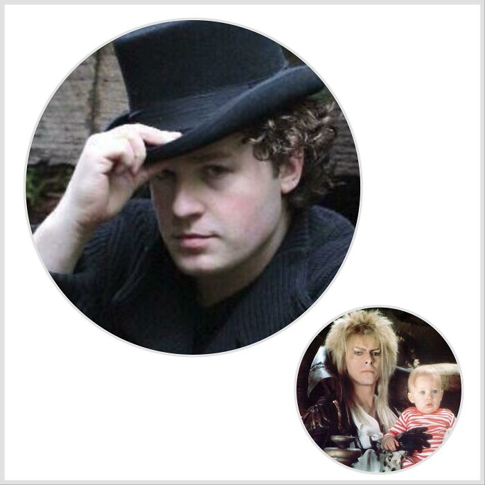 Young man tipping black hat in a serious pose alongside a scene from Labyrinth showing a character aging unexpectedly fast.