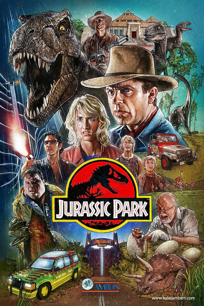 Illustration of Jurassic Park characters and dinosaurs with a focus on aging and humor in people getting old faster.