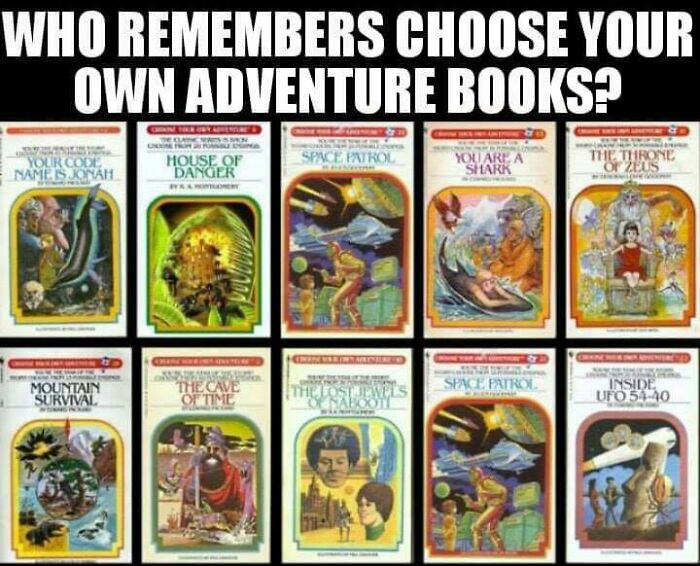 Alt text: Classic choose your own adventure books nostalgic for people getting old faster than expected.