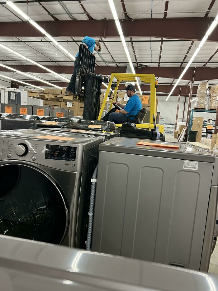 Found At My Local Scratch And Dent Appliance Place. I Swear I Heard Him Say “Hey, Can You Go A Little Faster, It’s Hot In Here And I Need A Breeze.” They Were Carrying Boxes And He Was Kinda Just Sitting On Them To Hold Them In Place
