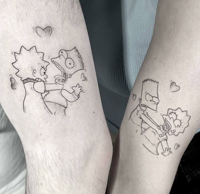 Family tattoo with cartoon characters expressing sibling rivalry and love, symbolizing unbreakable bonds.