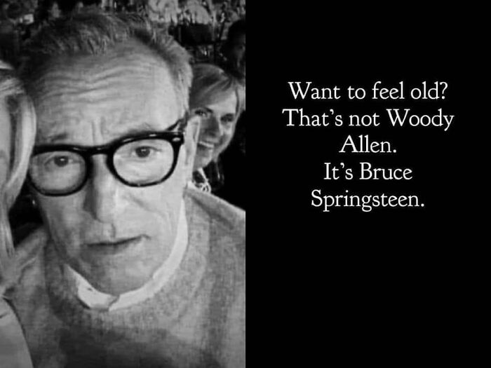 Black and white image of an older man with glasses, with funny text about looking older than expected.