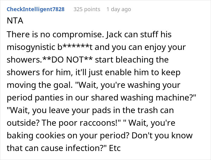 Woman Laughs In Guy's Face After He "Bans" Her From Using The Shower On Her Period Woman Laughs In Guy's Face After He "Bans" Her From Using The Shower On Her Period