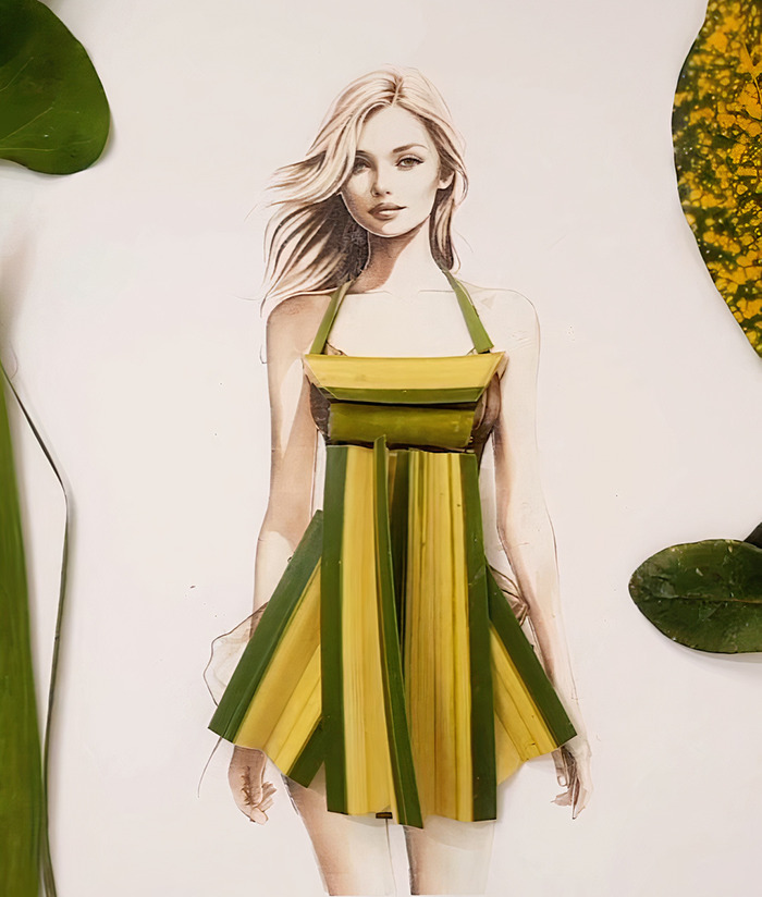 A drawing of a woman dressed in real flower petal gown