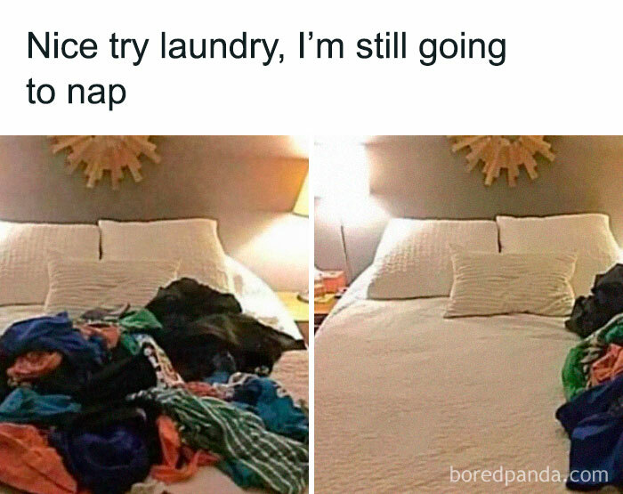 Funny and polite meme showing a messy bed turned tidy, with text about choosing to nap despite laundry.