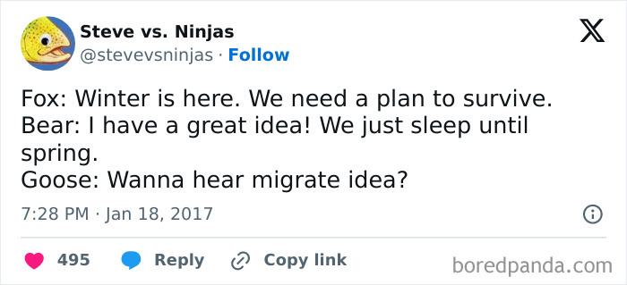 Funny winter meme with animals discussing survival strategies.