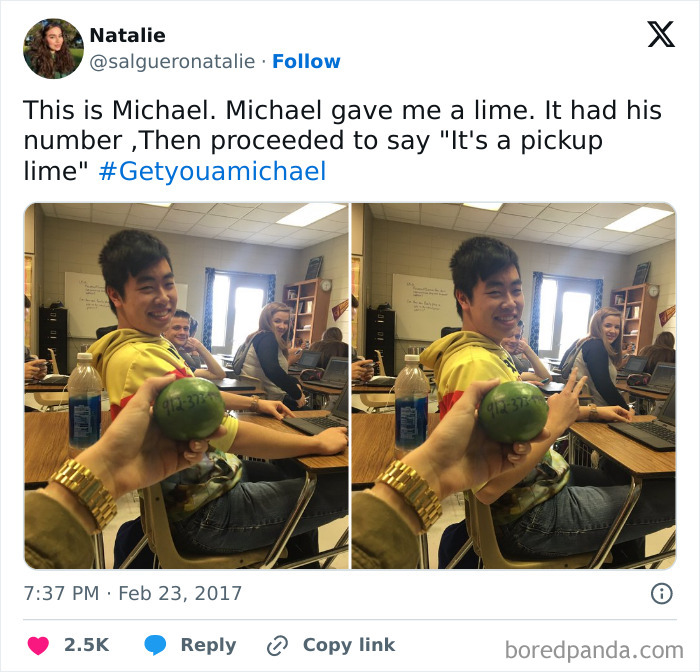Person humorously presenting a lime in a classroom, showcasing a pun enthusiast's clever pickup line.