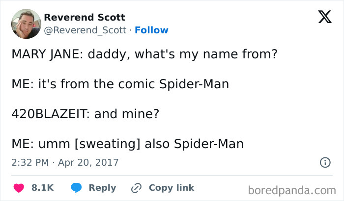 Spider-Man meme about naming children, featuring humorous dialog from a tweet by Reverend Scott.