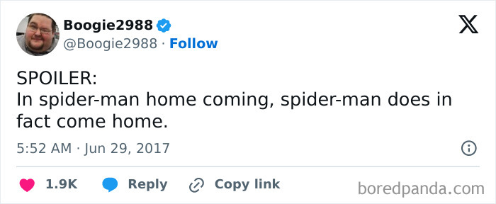 Tweet with a humorous spoiler from Boogie2988 about Spiderman coming home.