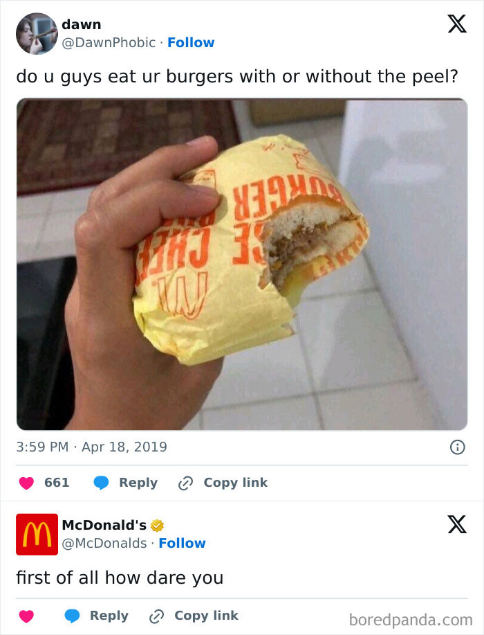 A weird meme showing a burger being eaten with the wrapper still on, sparking a humorous reaction.