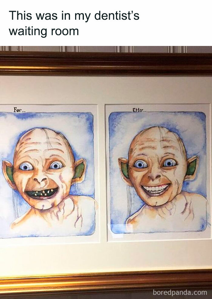 Funny meme in dentist's waiting room showing a character's dental transformation.
