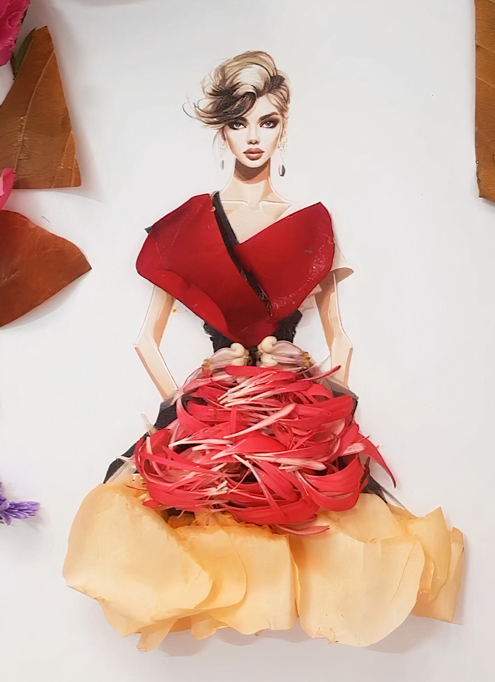 A drawing of a woman dressed in real flower petal gown