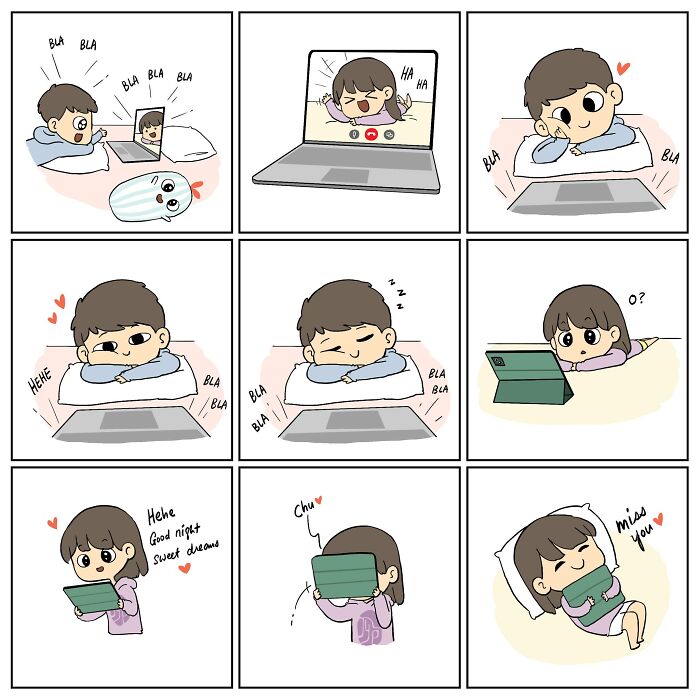 Comic strip showing a couple’s relationship moments through video calls and messages, capturing relatable couple dynamics.