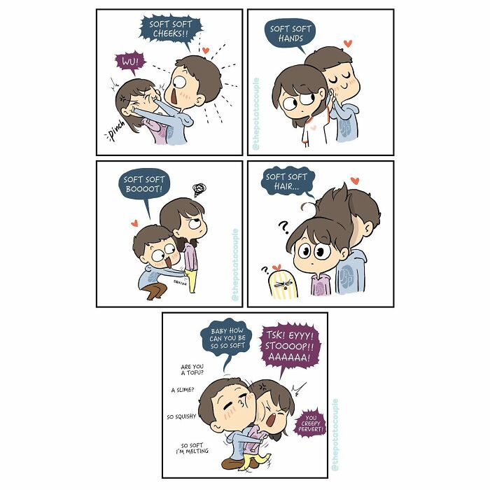 Comic panels showing a couple playfully interacting, highlighting relatable moments in their relationship with soft touches.