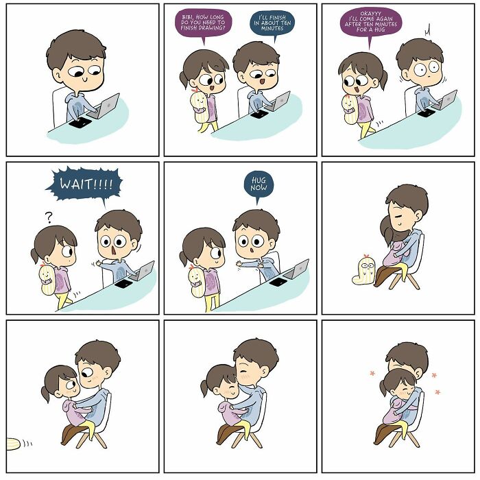 Comic illustrating a couple sharing a heartfelt hug, depicting relatable moments in a marriage relationship.