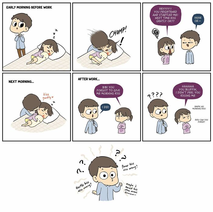 Comic panels depicting a couple’s relatable morning and evening interactions in a humorous artist-made comic about relationships.