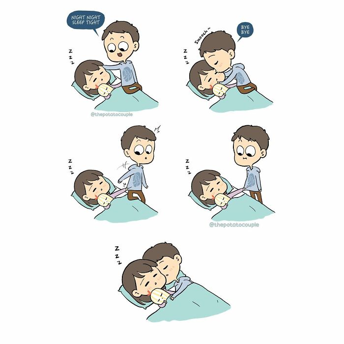 Comic panels showing a husband and wife bedtime routine, illustrating relatable moments in their relationship.