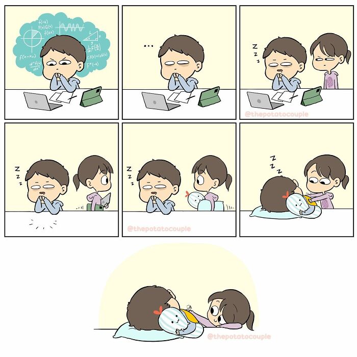 Comic strip showing a couple’s relatable moments, illustrating an artist’s comics about his relationship with his wife.