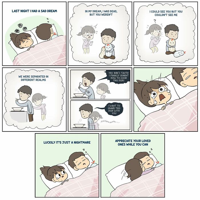 Comic panels showing a couple’s relatable relationship moments with love, separation, and appreciation in everyday life.