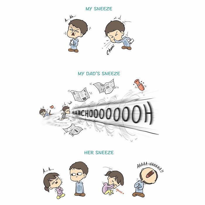 Comic illustrations depicting different sneezes by a man, his dad, and his wife, illustrating relatable couple moments.