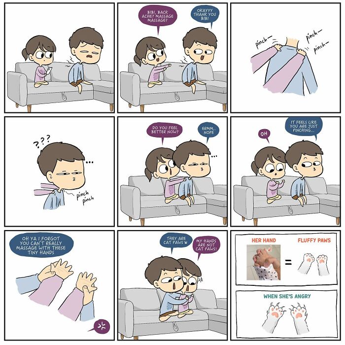 Comic strip illustrating a couple’s playful interaction about giving a back massage with relatable relationship humor.
