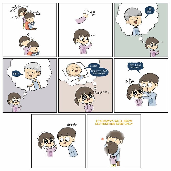 Comic panels showing a couple’s emotional moments about aging and growing old together, depicting relatable relationship scenes.
