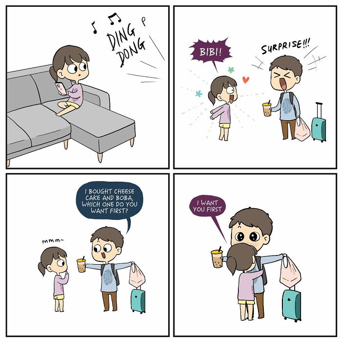 Comic strip showing a couple sharing a sweet surprise, capturing relatable moments from their relationship.