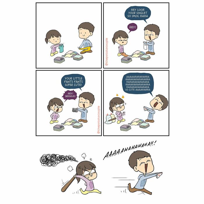 Comic artist illustrates relatable moments in his relationship with his wife, showing playful and loving couple interactions.