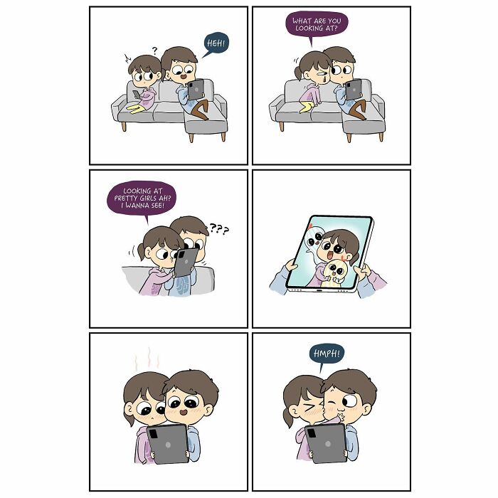 Comic strip showing a couple sharing a tablet, capturing relatable moments about their relationship and interactions.