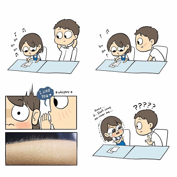 Comic artist depicts relatable moments in a couple’s relationship, highlighting emotions and playful interactions.