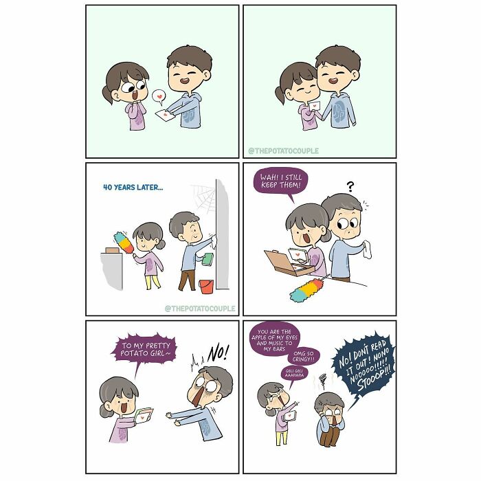 Comic panels showing a couple's relatable relationship moments drawn by an artist illustrating love and humor over time.