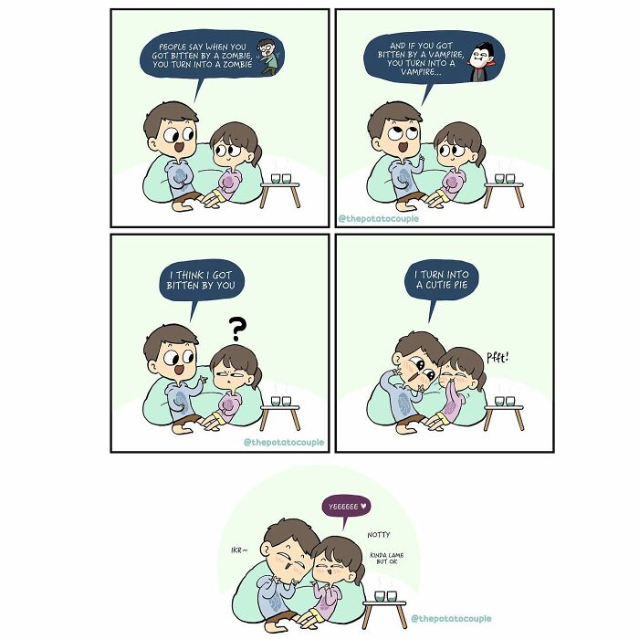 Comic panels showing a couple sharing a playful, relatable moment about love in a comic about relationships.