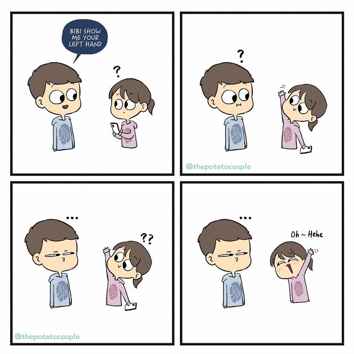 Couple in comic panels showing humorous moments about their relationship, capturing relatable couple dynamics.