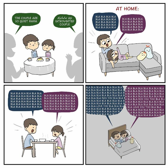 Comic depicting an artist’s relatable couple moments with his wife, showing their introverted relationship at home.