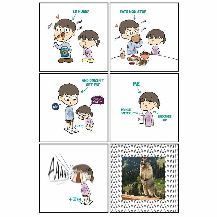 Couples comic showing humorous differences in eating habits and weight gain between husband and wife.