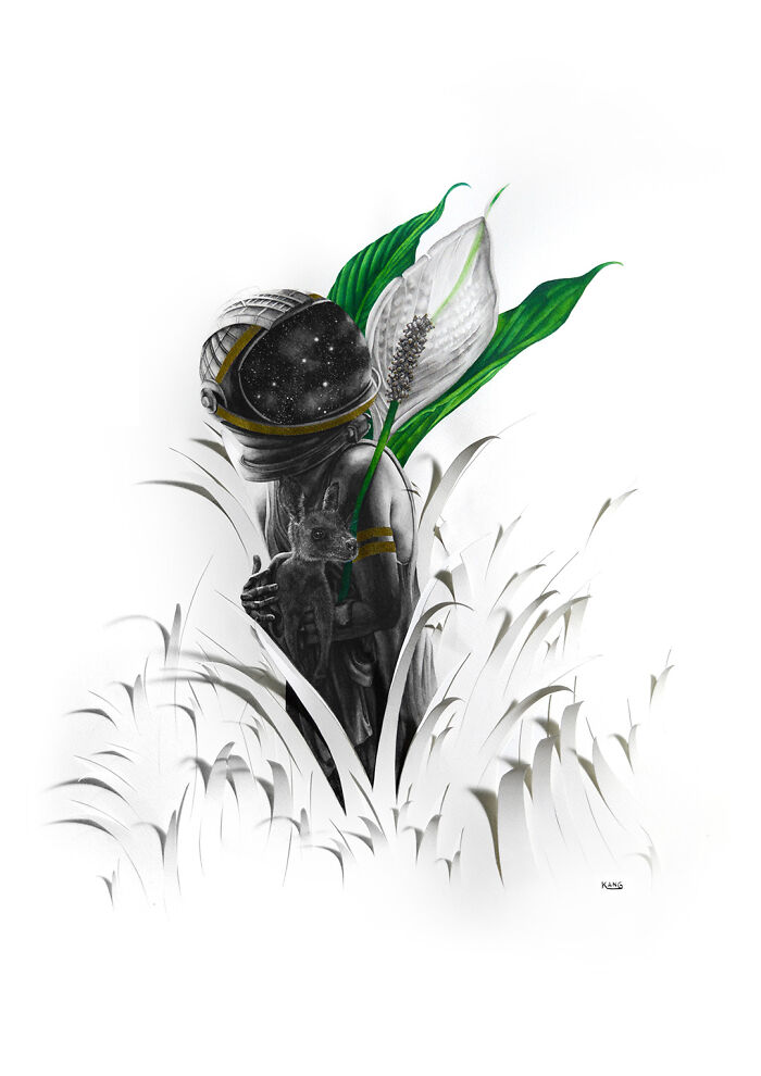 Surreal painting of a woman holding an animal and wearing astronaut helmet