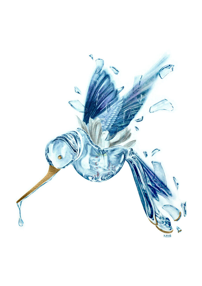 Surreal painting of a bird made of glass