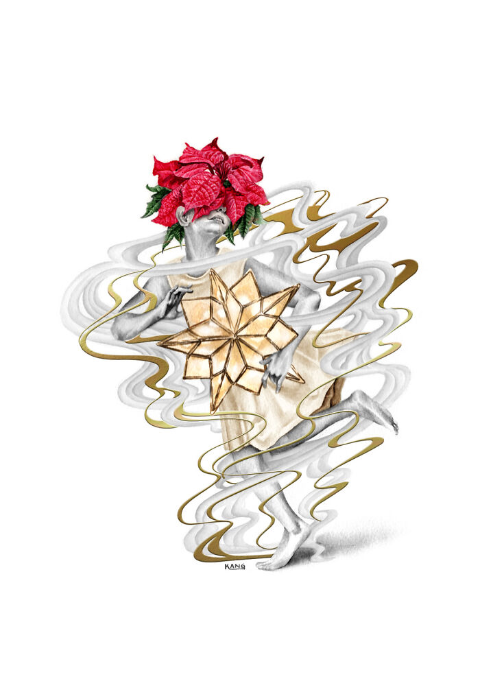 Surreal painting of a girl with a Christmas flower as her head holding a Christmas star
