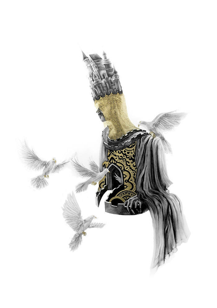 Surreal painting of a knight with a castle on his head and four doves