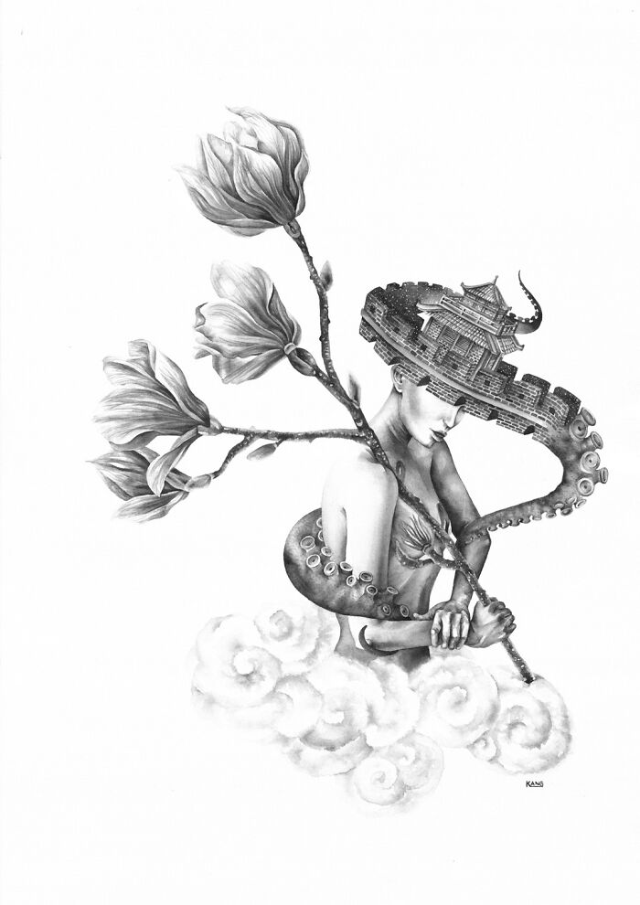 Surreal painting of a woman with China wall on her head transforming into tentacles