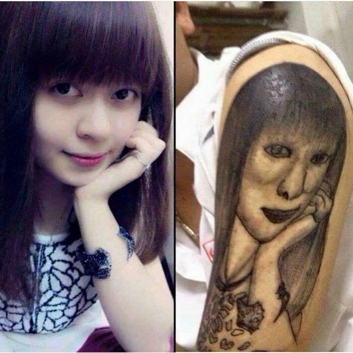 Tattoo failure showing a distorted face portrait next to the original photo.