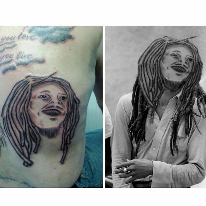 Tattoo showing an epic failure with a portrait attempt on skin, showcasing a lesson in ink.