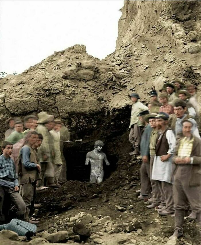 The Discovery Of The Ancient Statue Of Antinous Found In Delphi, Greece During An Excavation In 1894 (Colorized)