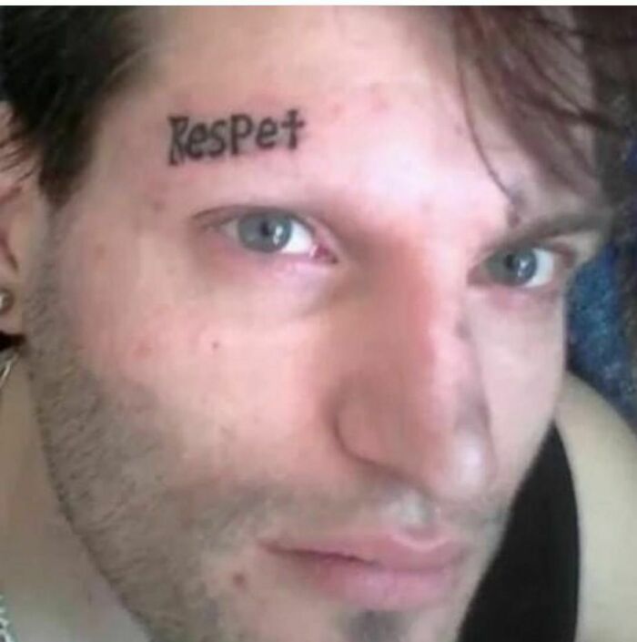 A tattoo fail with misspelled word "Respet" on a man's forehead, illustrating a lesson in ink.
