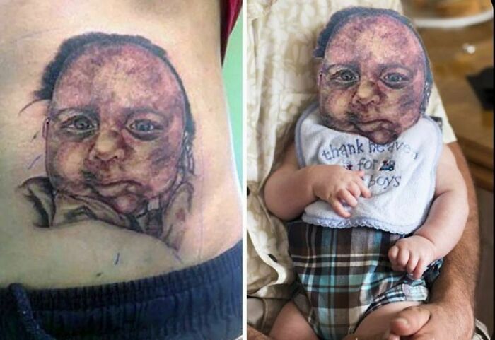 Tattoo fail comparison: baby's face tattooed on skin next to the actual baby wearing a bib.