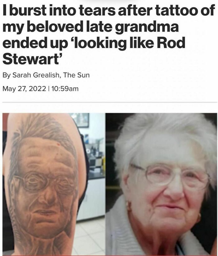 Tattoo failure showing a grandmother's portrait resembling a famous personality, highlighting a humorous ink lesson.
