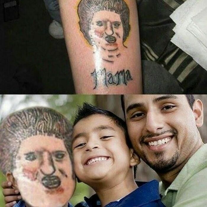 Tattoo failure depicting a distorted face with "Mama" written, compared to a photo of a smiling father and son.