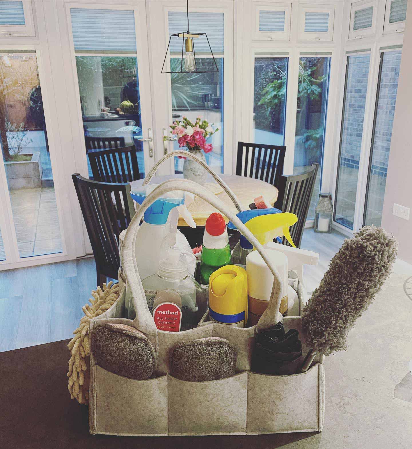 Cleaning caddy with cleaning supplies