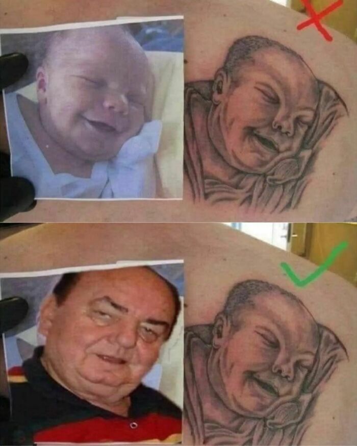 Tattoo fail featuring baby photo mistake, corrected with old man image to teach a lesson in ink.