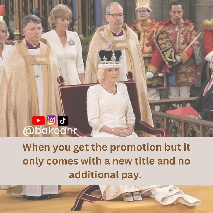 HR meme featuring a royal ceremony, highlighting the irony of promotions with no pay raise.